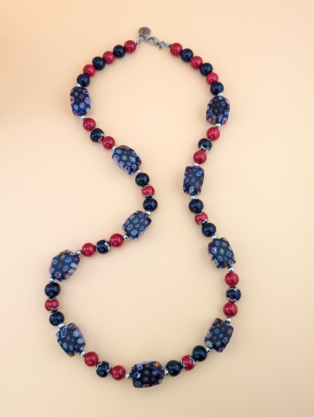 Millefiori Glass Bead Blue & Red Statement Necklace